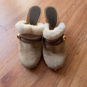 Coach Tan Suede Shearling-Trim Mule with Gold Accent